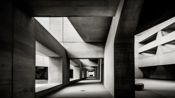 .  Midjourney Prompt   :Minimalist concrete structure with geometric forms and dramatic shadows, inspired by awe, Brutalist style, Le Corbusier, photographed by Ezra Stoller  