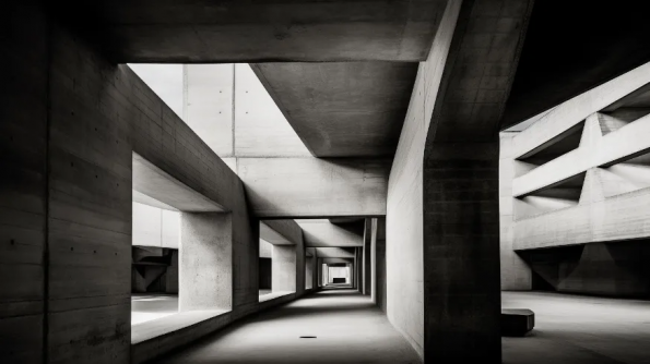 . Midjourney Prompt :Minimalist concrete structure with geometric forms and dramatic shadows, inspired by awe, Brutalist style, Le Corbusier, photographed by Ezra Stoller