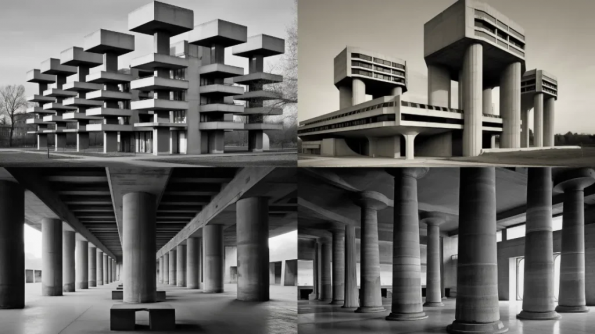 .  Midjourney Prompt   :axial progression, reminiscent of hellenic columns but brutalist, sublime and worthy of awe, Brutalist style, Le Corbusier, photographed by Hélène Binet  