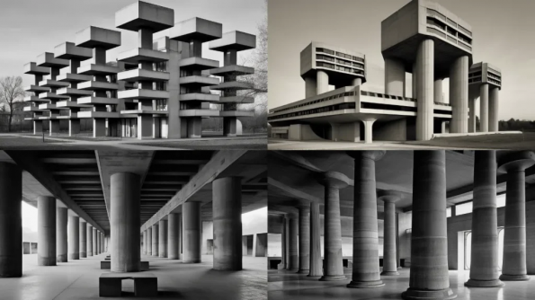 . Midjourney Prompt :axial progression, reminiscent of hellenic columns but brutalist, sublime and worthy of awe, Brutalist style, Le Corbusier, photographed by Hélène Binet