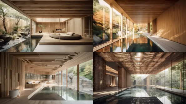 .  Midjourney Prompt   :large interior by Kengo Kuma, Harmonious blend of natural elements and modern design, an eco-friendly structure, pools and falling water  