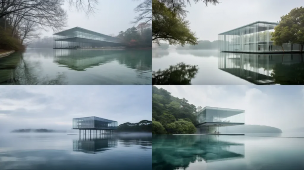 .  Midjourney Prompt   :Ethereal glass structure suspended over a serene body of water, showcasing the innovative architectural style of Renzo Piano, captured by Hiroshi Sugimoto  