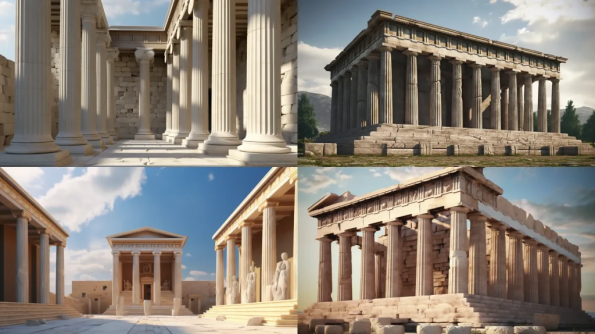 .  Midjourney Prompt   :Ancient Greek Architectural Design, landscape view, tall columns, intricate detail, symmetry, harmony, substantially intact temples, open-air design   