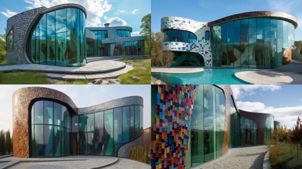 . Midjourney Prompt :post modern Architectural Design, landscape view, curved forms, decorative elements, asymmetry, dark green colored glass, ceramic tiles, stoned tiles,