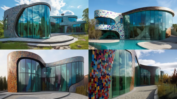 .  Midjourney Prompt   :post modern Architectural Design, landscape view, curved forms, decorative elements, asymmetry, dark green colored glass, ceramic tiles, stoned tiles,   