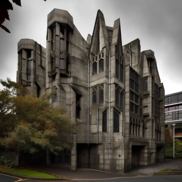 .  Midjourney Prompt   :hybrid brutalist and Victorian Gothic architecture, angular geometric,