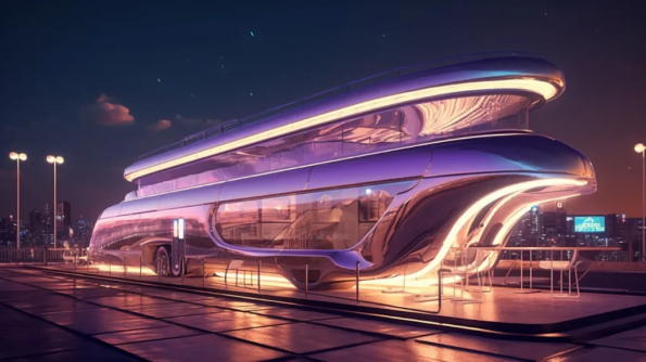 .  Midjourney Prompt   :street style photography, the architecture of the future of motor homes against a futuristic golden track highway background, swimming pool and sun deck on the roof