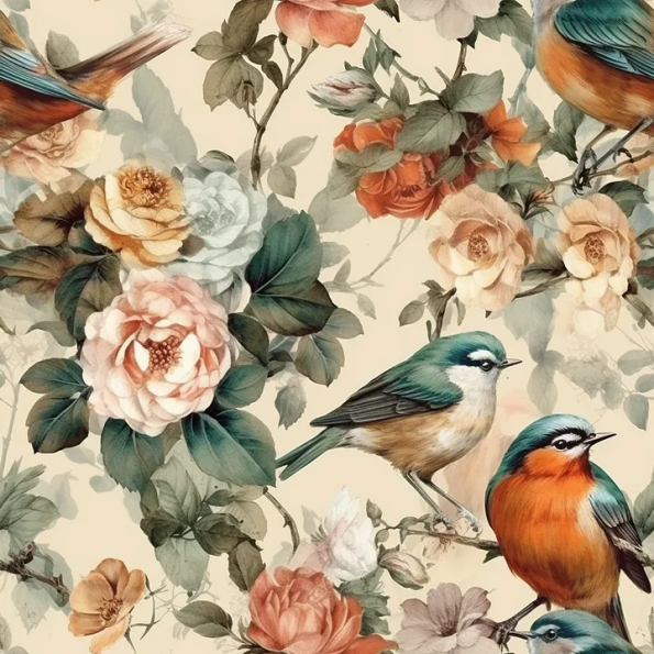 Midjourney Prompt :Seamless pattern, vintage watercolor, flowers and birds — tile پرامپت میدجرنی