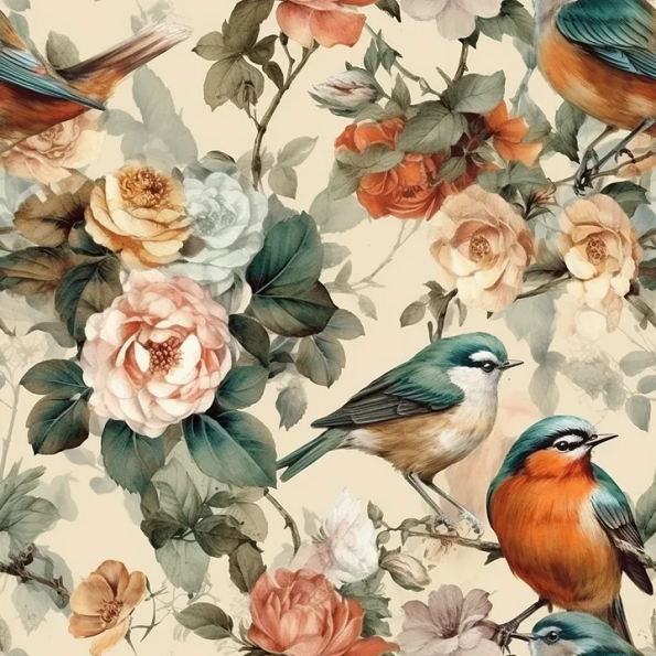 Midjourney Prompt   :Seamless pattern, vintage watercolor, flowers and birds — tile پرامپت میدجرنی 
