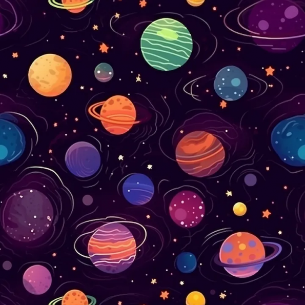 Midjourney Prompt :Seamless pattern of planets galaxy and stars, vibrant color platte — tile