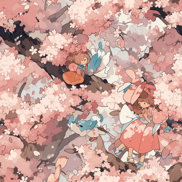 Midjourney Prompt :Seamless pattern of sakura woods, by Hayao Miyazaki — ar 1:1 — tile