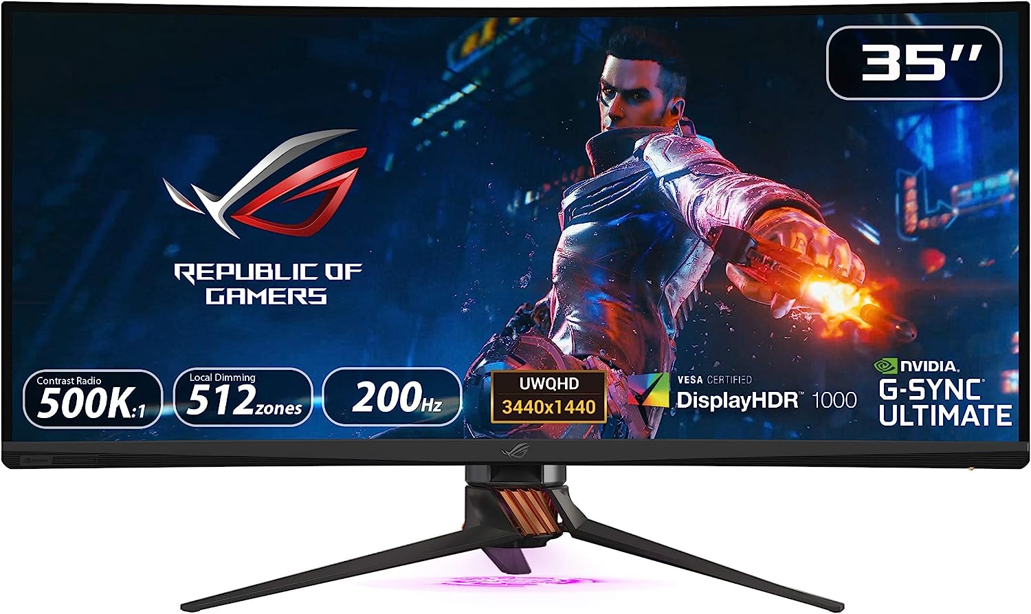 مانیتور گیمینگ ASUS ROG Swift PG35VQ 35” Curved HDR Gaming Monitor 200Hz (3440 x 1440) 2ms G-SYNC Ultimate Eye Care DisplayPort HDMI USB Aura Sync HDR10 DisplayHDR 1000