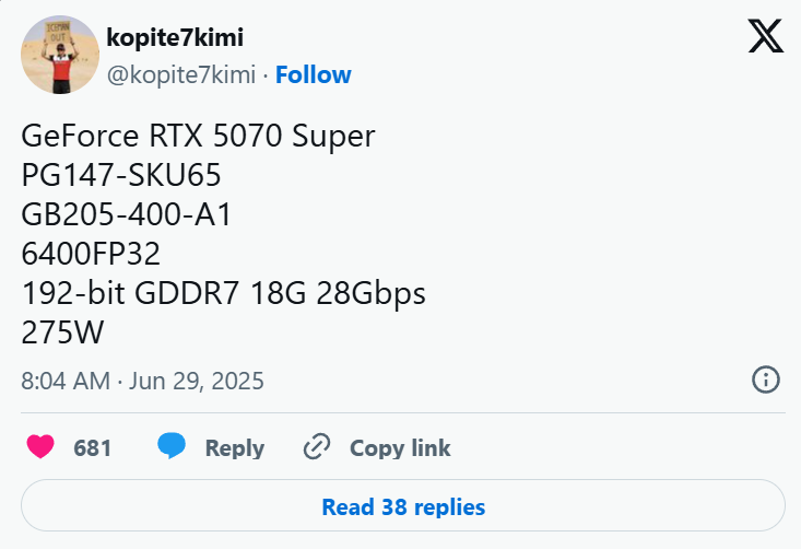 مشخصات کارت گرافیک NVIDIA RTX 5070 SUPER با حافظه ۱۸ گیگابایتی و توان ۲۷۵ وات فاش شد.