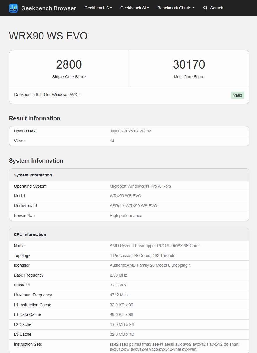 Threadripper Pro 9995WX، رقیب جدی برای 7995WX با امتیاز ۳۰۱۷۰ در Geekbench